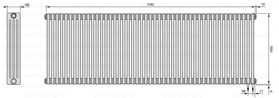 Схема (чертеж) Радиатор Zehnder Charleston 4150/47 №5510 Белый глянцевый RAL 9016
